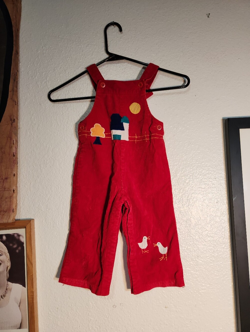 10 Inch Ptp Popsicle Red Corduroy Kids Overalls with Bird & House Appliqué